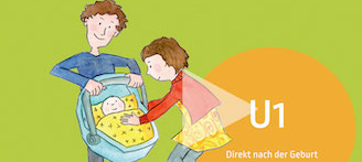 Illustration des Merkblatts 1; Vater hält Trage mit Baby, Mutter hält Hand auf Bettdecke