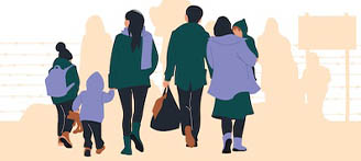 Illustration Erwachsene und Kinder mit Taschen und Rucksack auf der Flucht