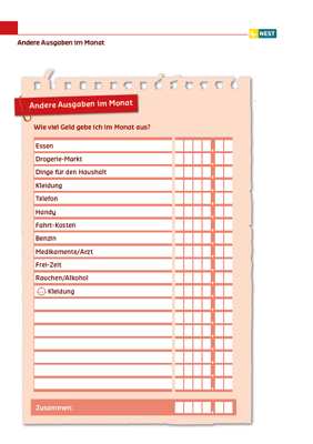 Meine Ausgaben - Folgeseite Arbeitsblatt Meine Ausgaben Folgeseite