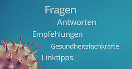 Abbildung zeigt Wortwolke auf blauem Hintergrund mit Viruszelle im Anschnitt
