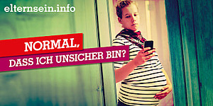 Banner elternsein.info: Schwangere Frau mit Handy