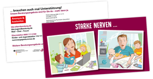 Postkarte zeigt Illustrationen von gestresste Eltern zuhause