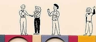 Illustration: Menschen die auf Bauklötzen stehen