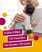 Vater hält Baby fest. Frühe Hilfen. Für Familien. Für Kinder. Für euch.