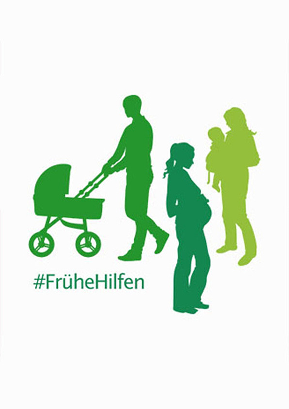 Illustration Vater mit Kinderwagen, Mutter mit Kind, Schwangere und #Frühe Hilfen