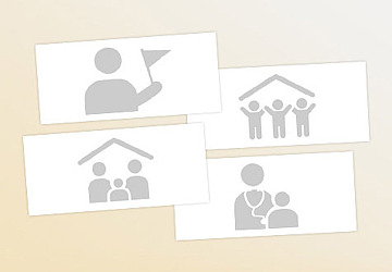 Collage aus 4 Icons zu Lotsendiensten, Kindertagesbetreuung, Familienzentren und Pädiatrie