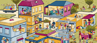 Wimmelbild zum Thema Frühe Hilfen