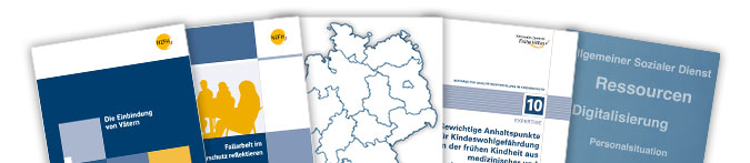 Fächer verschiedener Cover von Publikationen zum Kinderschutz 