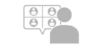 Icon mit Person vor einem Monitor, auf dem vier Personen sichtbar sind