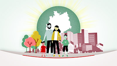 Illustration mit Kindern und Erwachsenen Personen vor einer Stadt und Deutschlandkarte im Hintergrund