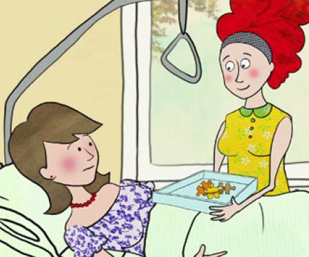 Illustration: Frau mit roten Haaren steht am Krankenhausbett einer Mutter