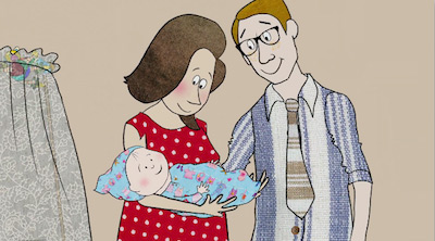 Illustration: Eltern betrachten das Baby, das die Mutter im Arm hält