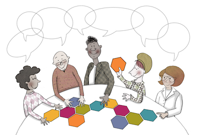 Illustration mit 2 weiblichen und 3 männlichen Personen unterschiedlicher Profession mit Sprechblasen
