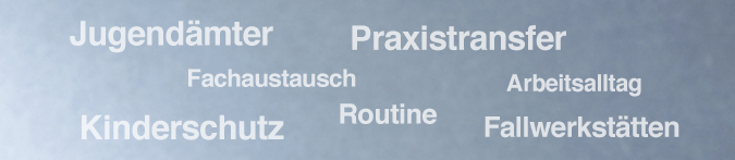 Anordnung der Wörter Jugendämter, Praxistransfer, Fachaustausch, Arbeitsalltag, Kinderschutz, Routine und Fallwerkstätten auf blauem Hintergrund