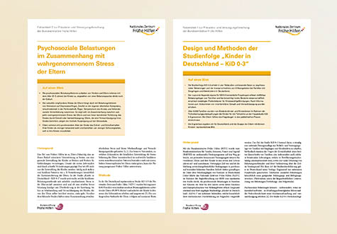 Titelbilder der Faktenblätter Psychosoziale Belastungen im Zusammenhang mit wahrgenommenem Stress der Eltern und Design und Methoden der Studienfolge "Kinder in Deutschland – KiD 0-3"