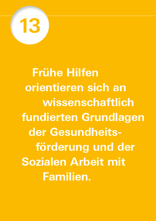 Leitsatz Nummer 13 mit dem Text Frühe Hilfen orientieren sich an wissenschaftlich fundierten grundlagen der Gesundheitsförderung und der Sozialen Arbeit mit Familien