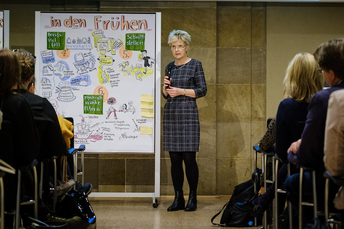 Dr. Petra Kleinz steht vor einer Plakatwand und hält ein Mikro in der Hand, vor ihr sind ein paar Stuhlreihen mit Teilnehmenden